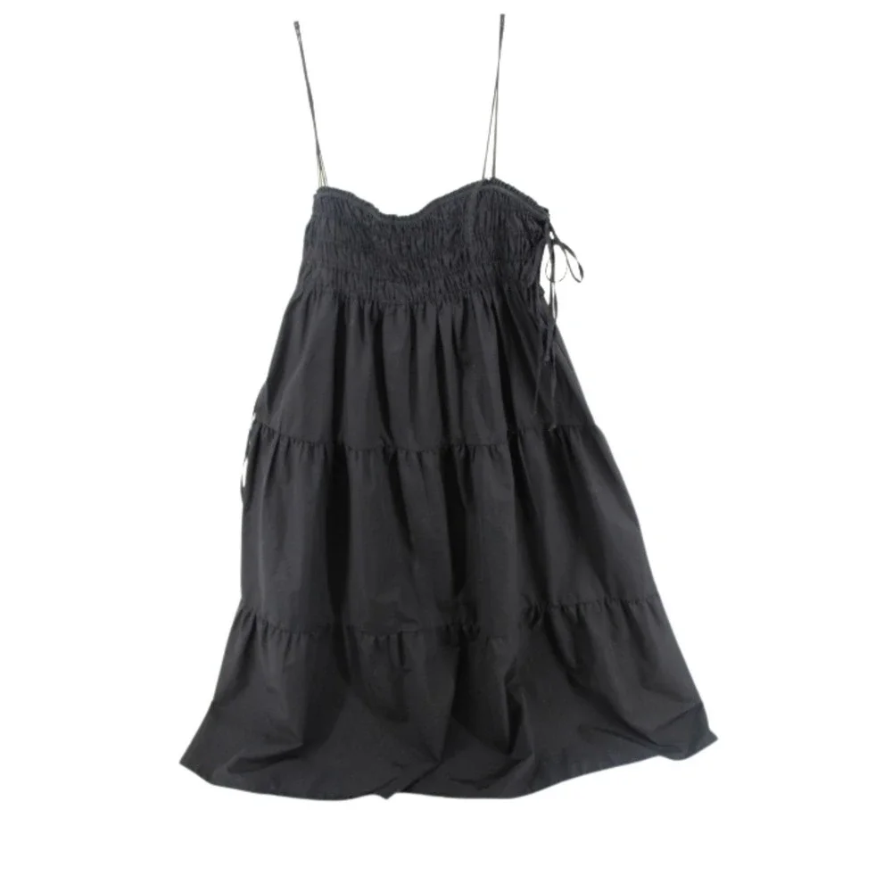Zara Black Smocked Tiered Maxi Dress Square Neck Tie Straps Size L Boho